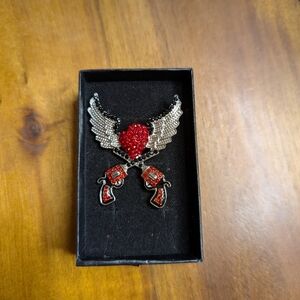 Silver and Red Winged Heart and Pistols Brooch